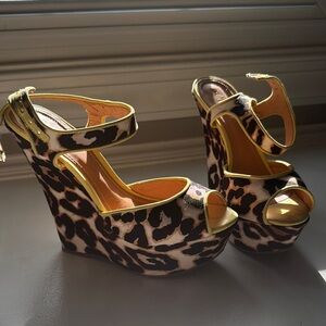 SCHUTZ Brown and Yellow Wedge Sandals with Double Ankle Straps